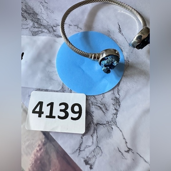 BRACELET CUFF SILVER TONE 6.75 DRUZY BLUE TWISTED ROPE 4139 B - Picture 11 of 13